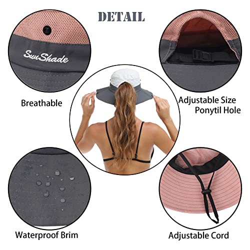 Womens Summer Sun Hat Beach Hat Wide Brim Outdoor UV Protection Hat Foldable Cool Mesh Ponytail Bucket Hat - color: Grey+pink