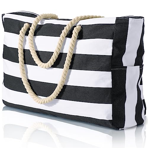 Becokan Beach Bag Large Beach Tote Bag for Women Waterproof Sandproof Swim Pool Bag With Zipper - color: Black