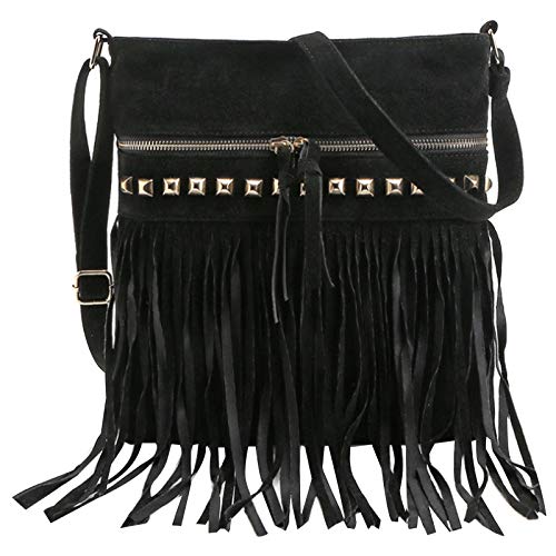 Hoce Women’s Leather Fringe Messenger Bag Large Hobo Crossbody Tassel Shoulder Bags, Gift for Mom Wife Girlfriend - color: E-black