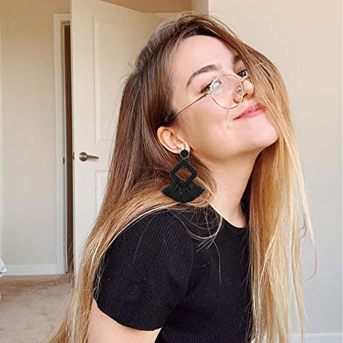 Long Tassel Earrings Statement Bohemian Pom Ball Handmade Drop Dangle Earrings for Women - style: S-Black