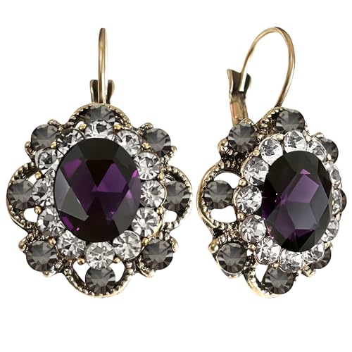 Handmade Bohemian Vintage Gold Sparkly Crystal Round Flower Leverback Earrings Cute Rhinestone Geometry Dangle Drop Earring for Women - color: Dark Purple