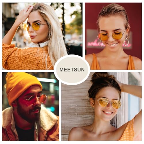 MEETSUN Small Round Polarized Sunglasses for Men Women Metal Retro Hippie Circle Sun Glasses Driving Festival Cosplay UV400 - color: Gold / Yellow