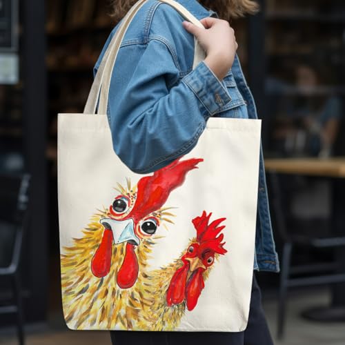 Inspirational Gifts Rooster Canvas Tote Bag for Women, Chicken Aesthetic Washable Reusable Grocery Bags for Women Lady Casual Vacation Gym Work Shopping -02