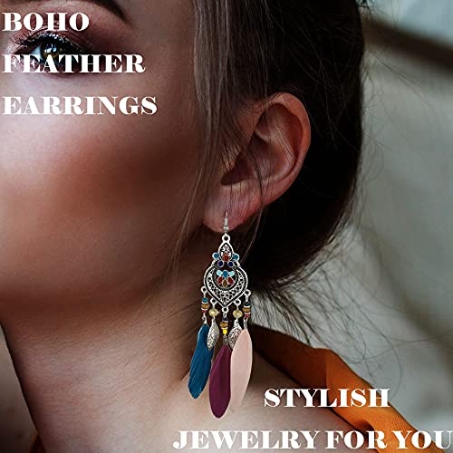 Bohemian Earrings Feather Tassel Silver Ethnic Retro Boho Dangle Earring Bead Women Jewelry for Birthday Party Gifts (Multicolor) - color: Multicolor