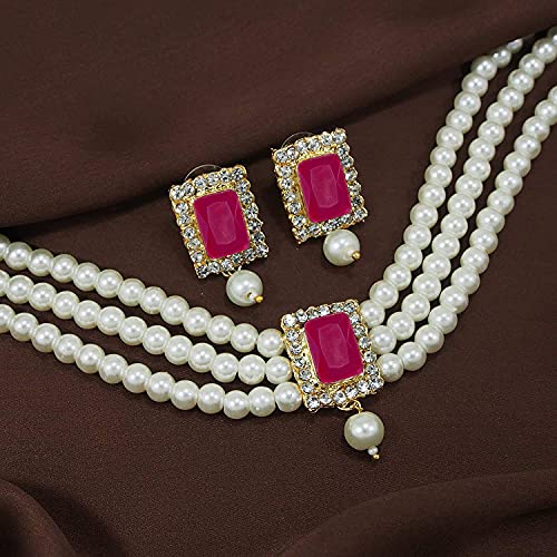 Aheli Ethnic Choker Necklace Earrings Wedding Bollywood Party Jewelry Set Gift for Women - color: Rani Pink 1