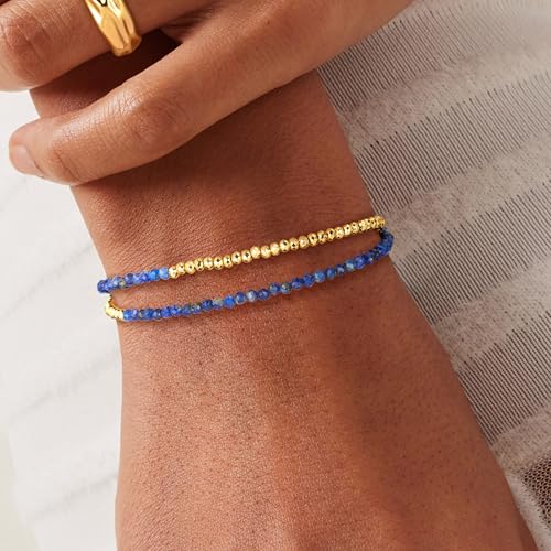 Fettero Beaded Bracelets for Women Charm Natural Stone Handmade Beads White Gold Plated Dainty Gold Bracelets Non Tarnish Boho Summer Beach Vacation Jewelry - color: Blue Lapis-Round