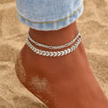 Silver Layered Anklet for Women, Double Chain Beach Anklet Set, Boho Leaf and Flat Link Anklets, Adjustable Summer Foot Jewelry Gift