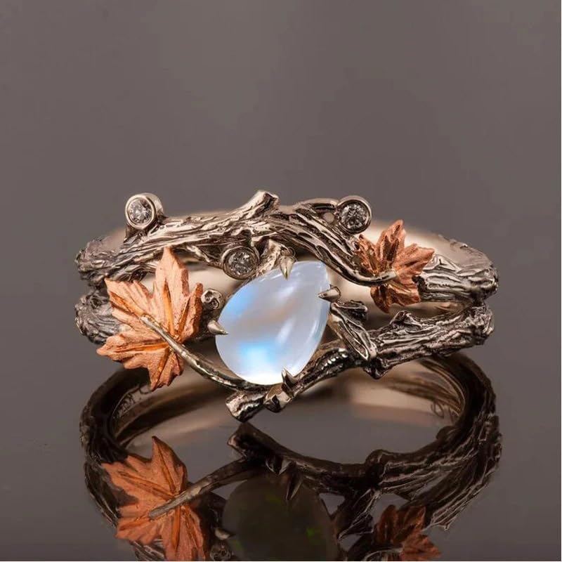 Retro Teardrop Synthetic Moonstone Maple Leaf Ring for Women Daily Banquet Vacation Unique Jewelry - color: Copper Brown