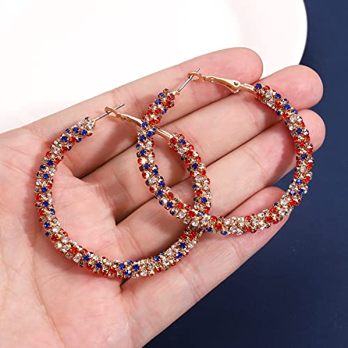 Rhinestone Hoop Earring for Women Sparkly Crystal Wrapped Hoop Dangle Earrings Statement Boho Gold Black Plated CZ Hoop Earring - color: red white blue