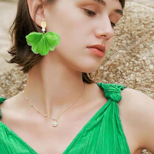 Handmade Fabric Flower Petal Fringe Dangle Drop Earrings Bohemian Floral Tassel Stud Earrings For Women - color: Green