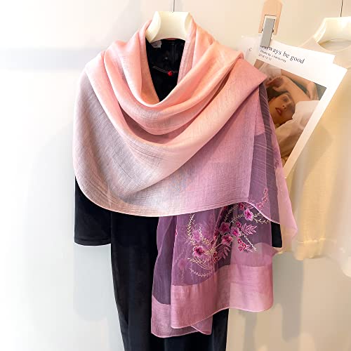 WINCESS YU Women Mulberry Silk Scarf Long & Large Embroidered Floral Pattern Shawl and Wraps Neckerchief for Hair & Neck - color: Gradient Pink