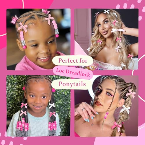 Hair Beads for Braids Hot Pink Loc Dreadlock Beads and Satin Bow Hair Clips Cute Hair Accessories for Kids Girls - color: Hot Pink