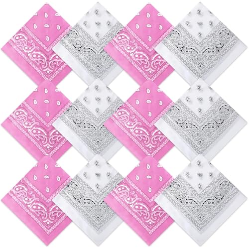 Suhine 12 Pcs Bandanas Bulk for Women Men 22 x 22 Inch Paisley Headband Cowboy Handkerchief Summer Beach Party Costume - color: Pink and White