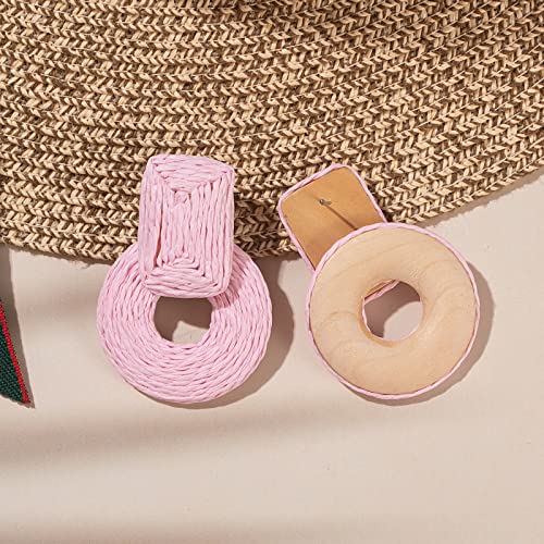 Statement Raffia Earrings Cute Boho Earrings Rattan Dangle Earrings Handmade Straw Wrap Earrings Summer Drop Dangling Earrings for Women Teen Girls - color: Pink