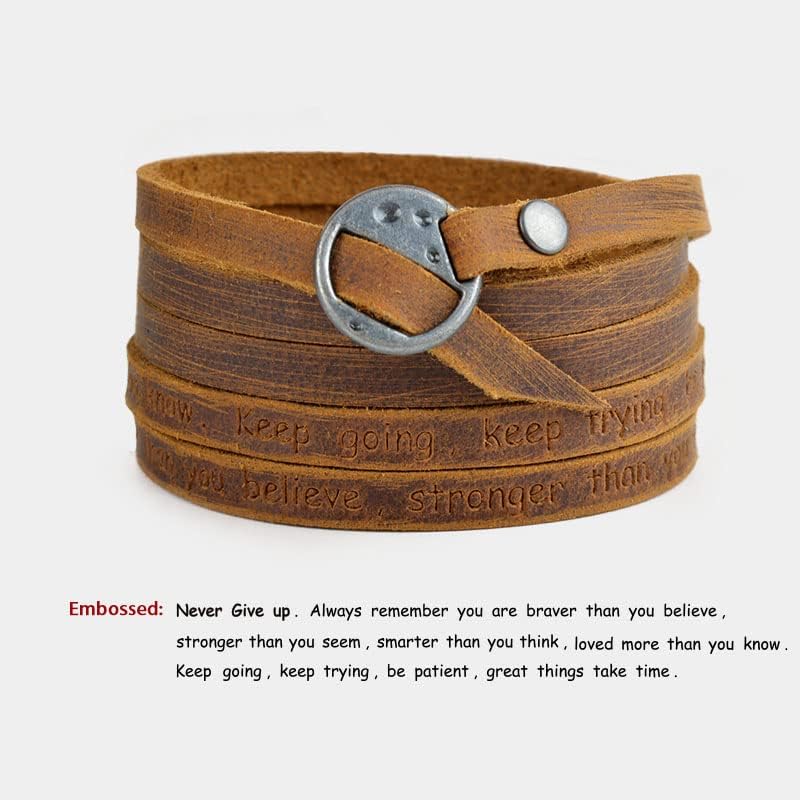 Rantanto Genuine Leather Wrap Bracelets Trendy Western Stackable Cuff Adjustable Boho Layered Bracelet Jewelry For Men Women - color: Brown--Never Give Up