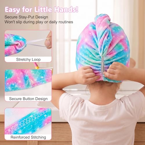 Basumee Microfiber Hair Towel Wrap for Kids 2 Pack Rapid Drying Hair Towel with Button Hair Turbans for Wet Hair Wraps Head Towel Wrap for Women and Girls, Light Mermaid - color: Light Mermaid