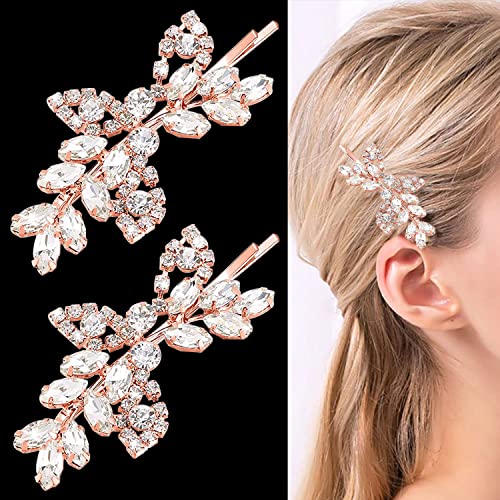 2 Pieces Rhinestone Bridal Hair Pins Leaf Bridal Wedding Hair Pins Crystal Hair Accessories Silver Rhinestone Jewelry Barrette for Brides Bridesmaids Flower Girls (Rose Gold) - color: Rose Gold
