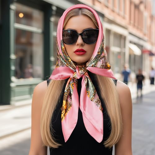 Pistha Head Scarf Bandana for Women, Satin Scarf for Hair, Large Square Silk Bandana Headscarf for Women and Men 35 Inch - style: Classic-pink