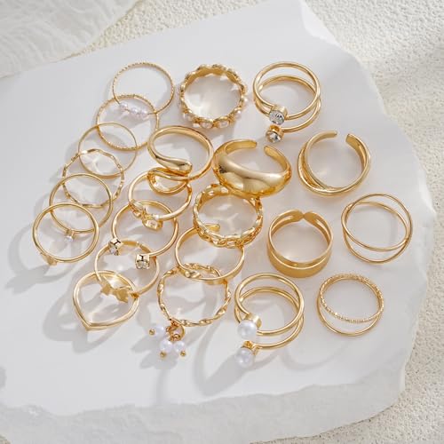 FAXHION 25 PCS Gold Stackable Rings Set for Women, Simple Twist Knuckle Finger Ring Trendy, Dainty Stacking Statement Thumb Rings Pack Jewelry Gift - color: Gold-Pearl