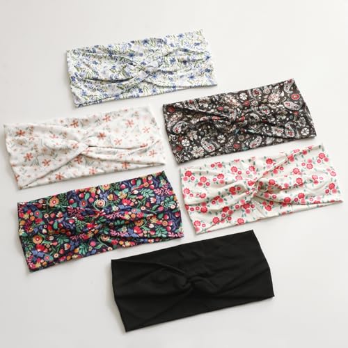 Artilady 6 Pack Boho Headbands for Women - Wide Bandana Headband Non Slip Stretchy Cheetah Flower Turban Headwarp Twisted for Girls - color: Floral Print