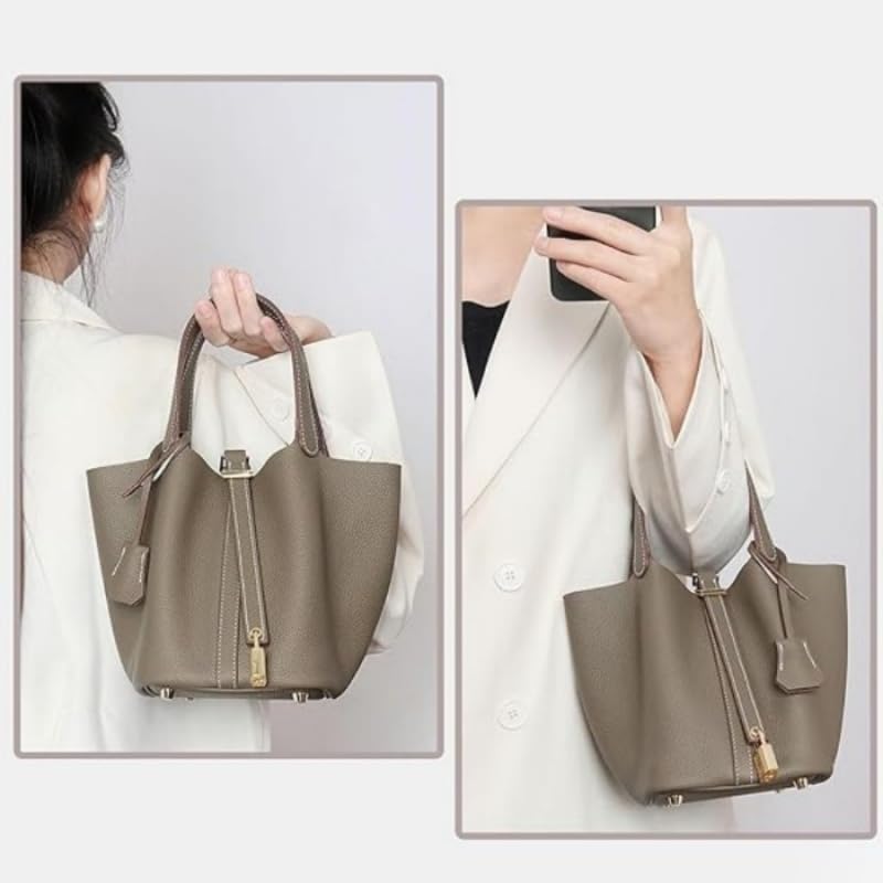 Genuine Leather Bucket Bag for Women: Lock Design Shoulder Handbag Versatile Top-Handle Tote Fashionable Vegetable Basket - color: White