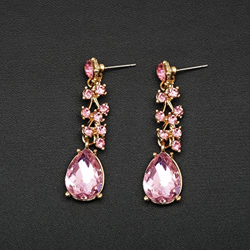 CSY 4 Pcs/Set Austrian Crystal Necklace Earrings Bracelet Ring Bridal Jewelry Sets for Brides Wedding Party Costume Accessories Gifts for Women - color: 02-gold plated-pink
