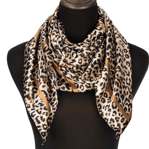 UTOWO Vintage Leopard Print Square Scarf, Light Khaki Satin Silk Feeling Bandana, Women’s Stylish Neck & Head Scarf