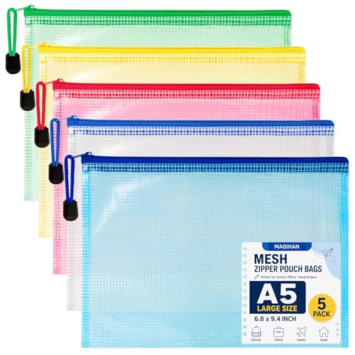 Mesh Zipper Pouch Bags - 5 Pack Waterproof Zipper Bags 6.8x9.4 Inch A5 Clear Mesh Storage Pouches Assorted Colors for Home, Office, Travel, Puzzles, Cosmetic, Accessories - size: 6.8 x 9.4 Inch