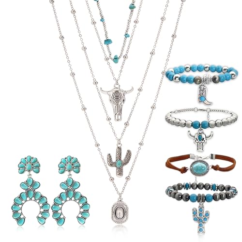 Turquoise Western Jewelry Set for Women, Boho Cowgirl Earrings Bracelet Stack and Layered Necklace, Silver Tone, Multiple Styles - style: Cactus & Bullhead