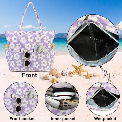 Bluboon Waterproof Beach Tote Pool Bags for Women Ladies Extra Large Carry On Bag With Wet Compartment for Weekender Travel - color: Big Flower 157 Purple