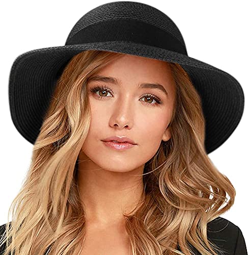 FURTALK Womens Beach Sun Straw Hat UV Protection Travel Packable Foldable Brim Summer UV Hat - color: A-black, size: Medium-Large