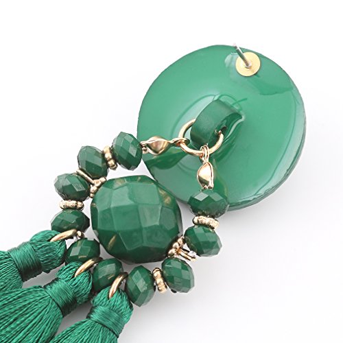 boderier Bohemian Statement Thread Tassel Chandelier Drop Dangle Earrings with Cassandra Button Stud - color: Deep Green