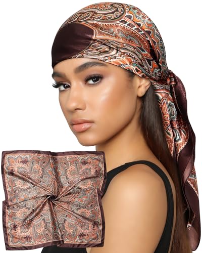 AWAYTR 35” Satin Head Scarf for Women Like Silk Scarf for Hair Scarf Satin Hair Bandana Women Headscarf Hair Wrap Scarf Neck - color: Redbrow + Orange