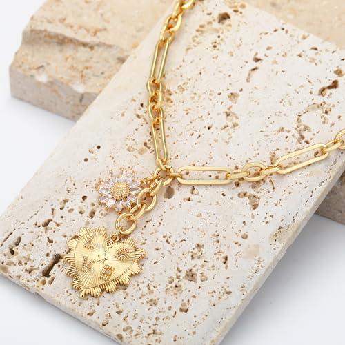 Gold Love Heart Sun Charm Chunky Paperclip Chain for Women Trendy 18K Gold Plated Coin Sunflower Pendant Choker Necklace Hip Hop Jewelry Gifts for Her - style: LOVE HEART, SUNFLOWER