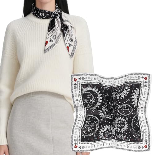 Relang Fashion Silk Satin Head Scarf for Women Hair Bandana Hair Scarf Wrap Neck Scarf for Women 27.5×27.5 inches - color: Black Classic Sun Pattern