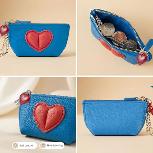 Red Heart Design Small Coin Purse - Cute Compact Keychain Change Purse Soft Leather Wallet with Zipper for Women (Blue) - color: Blue