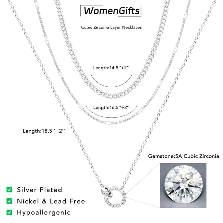 WomenGifts Layered Gold Necklaces for Women, 14K Gold Sterling Silver Plated Dainty Pendant Necklace Set Non Tarnish, Chunky Stackable Cuban Chain Choker, Trendy Birthstone Vacation Jewelry Gift - color: Silver, style: Double Circle