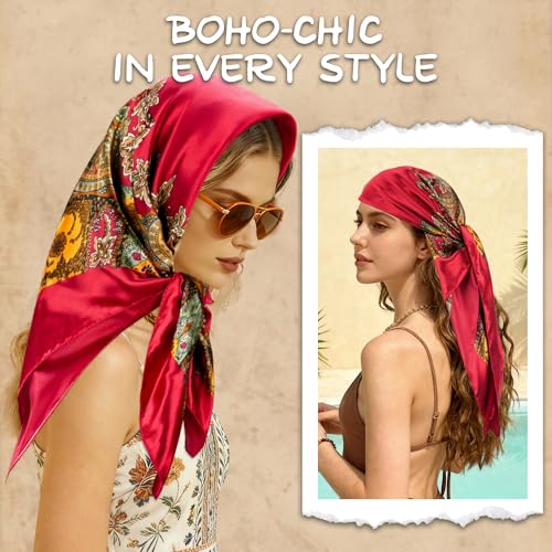 Large Square Head Scarf Bandana - 35" Satin Hair Scarf for Women Like Silk Scarf Fashion Hair Wrapping - color: Paisley(red), size: 35IN*35IN