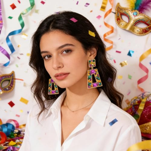 Rhinestone Rectangle Statement Earrings Colorful Crystal Geometric Drop Dangle Earrings for Women Prom Party - color: Mardi Gras