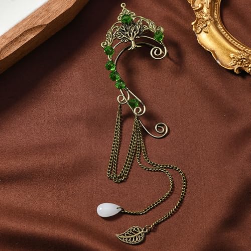 Elf Ear Cuffs, OwMell Handcraft Silver Pointed Fairy Elven Cosplay Fantasy Costume Bridal Wedding Earrings for Non Pierced Ears - style: Tree & Green Beads