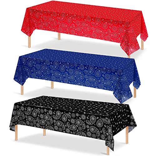 Western Party Tablecloth Paisley Table Cover Bandana Plastic Table Cloth Rectangle Floral Tablecloth for Western Cowboy Themed Party Decorations, 108 X 54 Inches (3, Red, Blue, Black) - color: Red, Blue, Black
