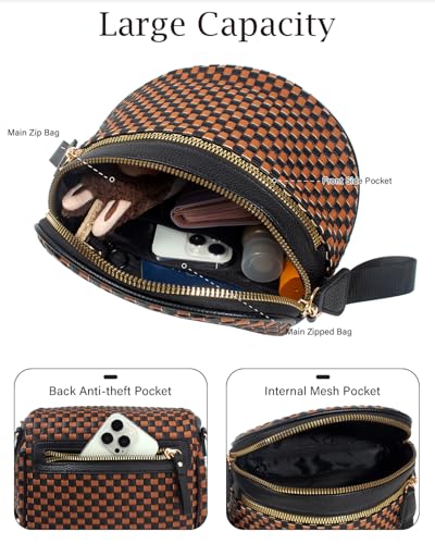 Valentoria Large Woven Leather Crossbody Bags for Women Checkered Bum Bag Sling Bag Purse Adjustable Strap Detachable Wallet | Woven - color: Black&brown Checkered