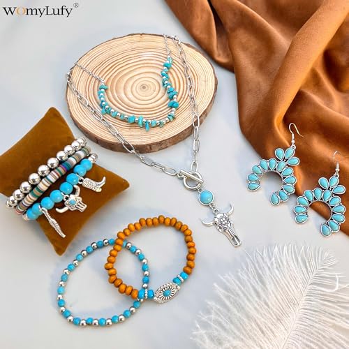 Turquoise Western Jewelry Set for Women, Boho Cowgirl Earrings Bracelet Stack and Layered Necklace, Silver Tone, Multiple Styles - style: Half-Moon Cluster