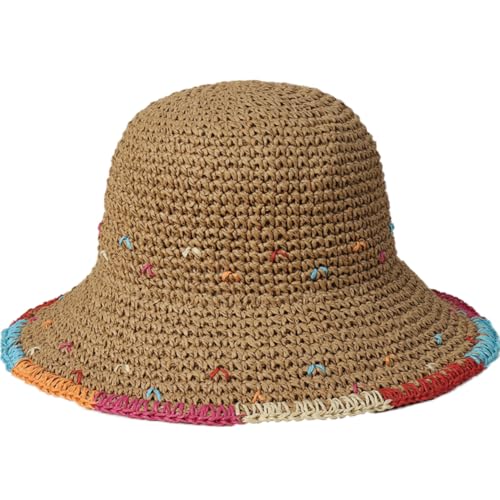 Women Straw Sun Hat Summer Beach Hats Foldable Floppy Cap Wide Brim Bucket Hat Solid Handmade Sun Protection Caps - color: Colorful-khaki