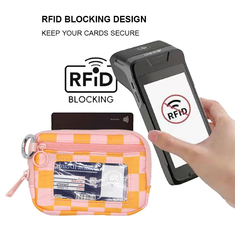 Wristlet Wallet for Women Mini Zip Card Case with Clear ID Window Zipper Coin Purse Lightweight Portable Keychain Wallet - color: Orange Pink