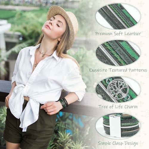 Leather Wrap Bracelet for Women, Boho Cuff Bracelet with Strong Clasp, Multi-Layer Crystal Leather Bracelet for Valentine Mother's Day - color: 02-Tree of Life-Green