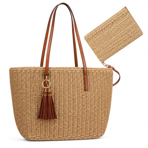 YXILEE Straw Bags For Women | M Size Travel Straw Totes Bag Woven Summer Handmade Shoulder Bag Handbag - color: Brown