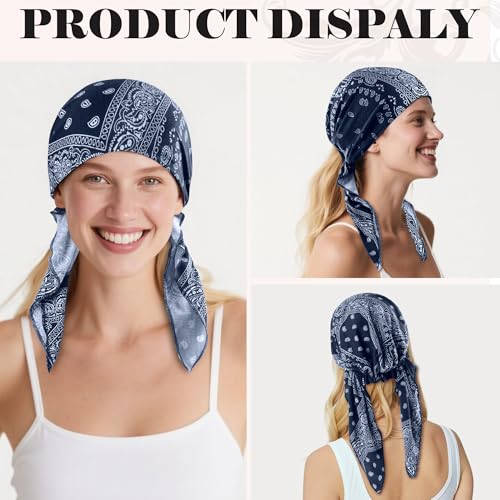 Ababalaya Chemo Headwear for Women Softer Headcover with Longer Tails, Breathable Skull Cap Non-Slip Sleep Beanie - color: Bluepaisley