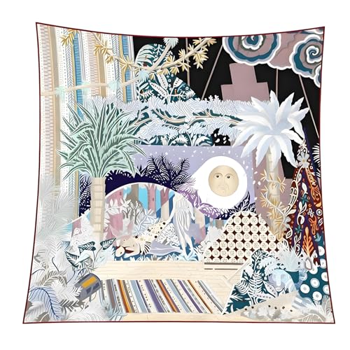 Premium Floral Scarf for Women 35x35 Square Silk Feel-Lightweight Scarves Headscarf Bandanas Wrapping Handbag - color: Surrealist Lunar Dream (Lavender/Multi)