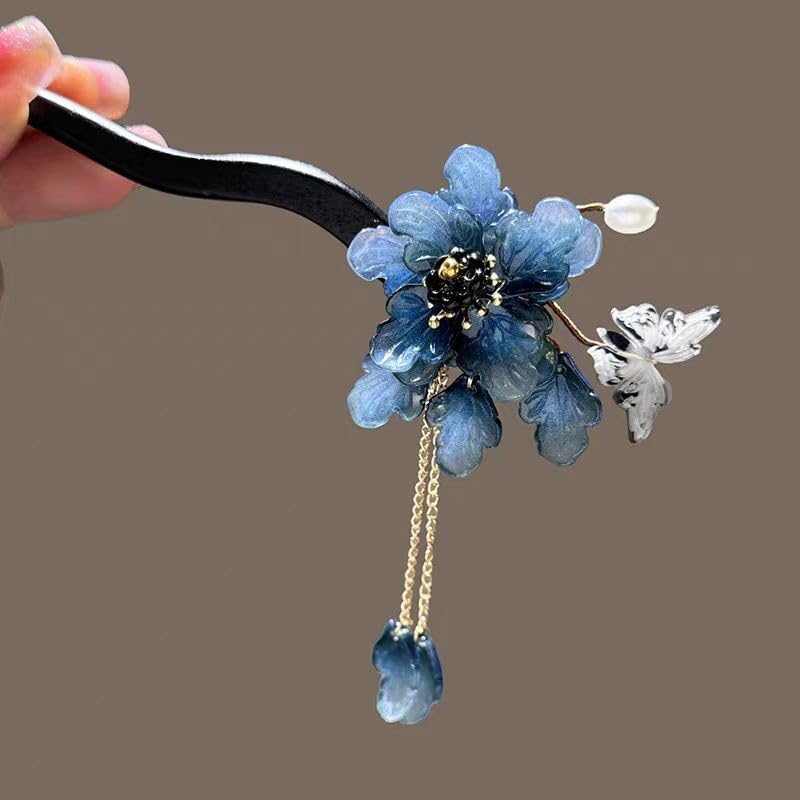 Blue Resin Plum Blossom Hairpin with Wooden Stick & Elegant Tassel - Chinese Hanfu Vintage Hair Accessory for Women, Symbolic Floral Hair Stick (Blue Plum Blossom) - color: Blue Plum Blossom
